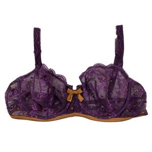Lou Paris Size 36D Purple Brown Sheer Floral Lace Bra